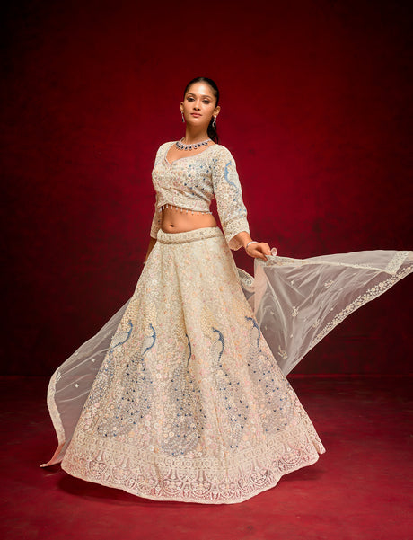 Ivory Handcrafted Lehenga with Sequins & Net Dupatta