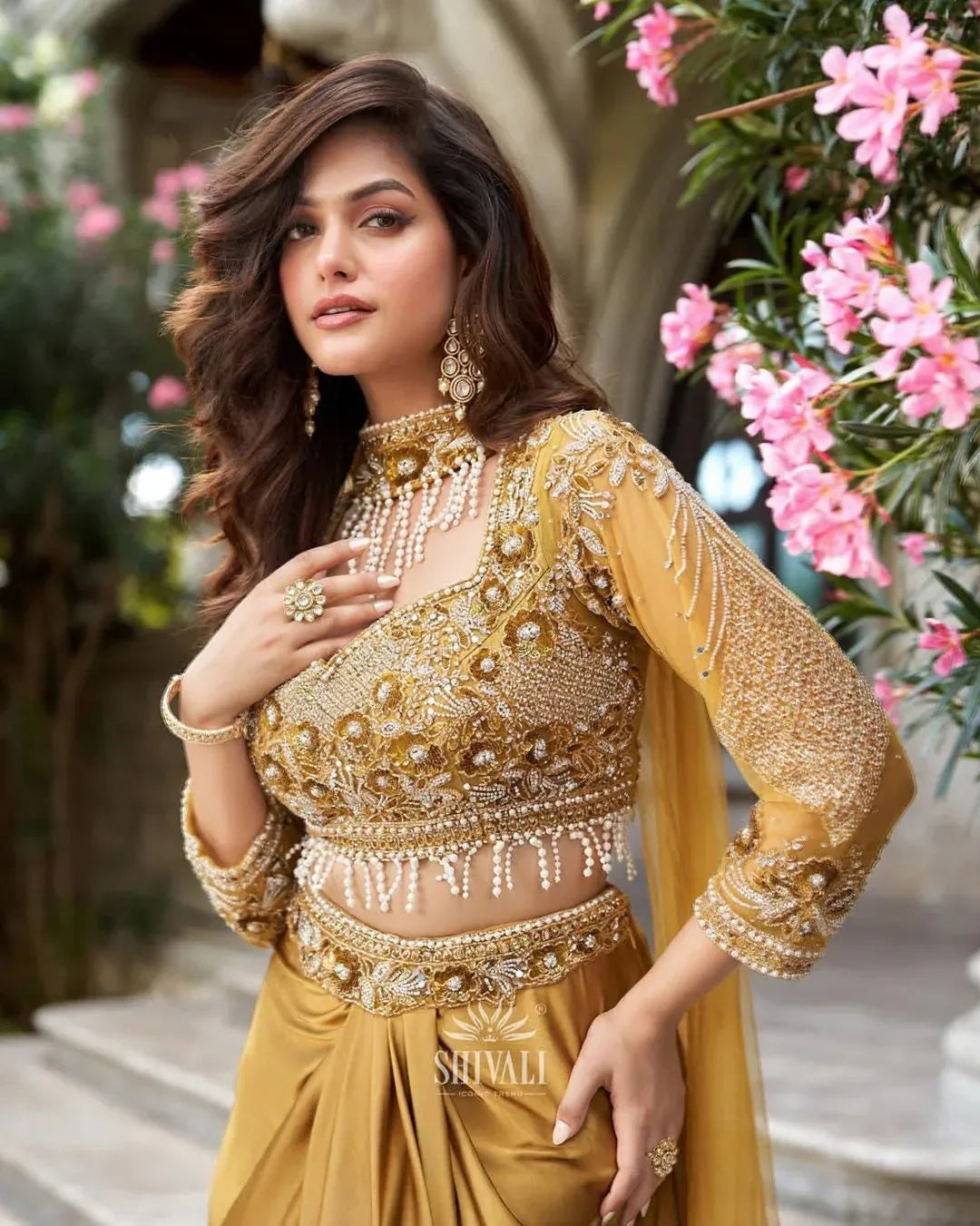 Golden Draped Saree Gown with Handcrafted Pearl & Stone Work – MishUUU