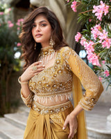 Golden Draped Saree Gown with Handcrafted Pearl & Stone Work