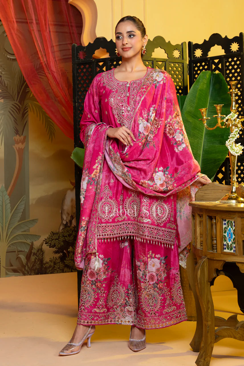 Fuchsia Pink Hand-Crafted Palazzo Suit with Dupatta | Label S4U