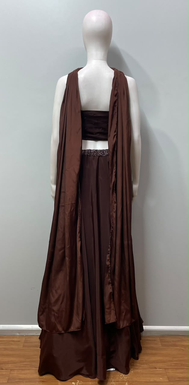 Chocolate bronze corset anarkali gown styled for an evening event