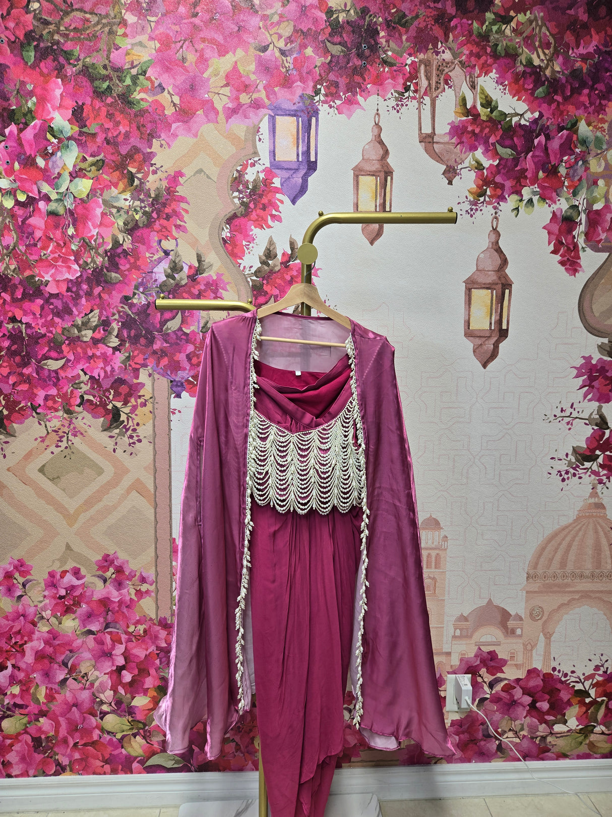 Magenta Draped Cape Set with Ivory Hand-Work Belt