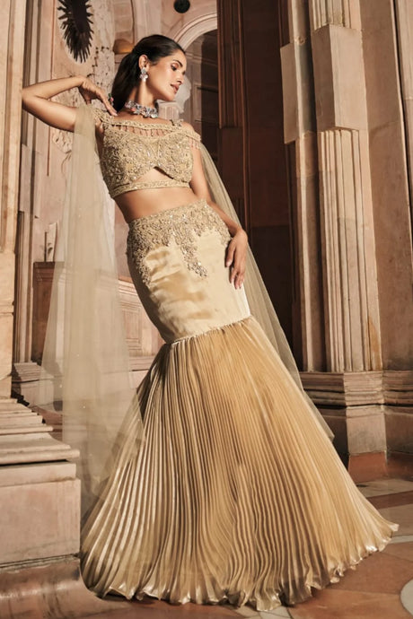 Golden Mermaid Lehenga with Handcrafted Blouse