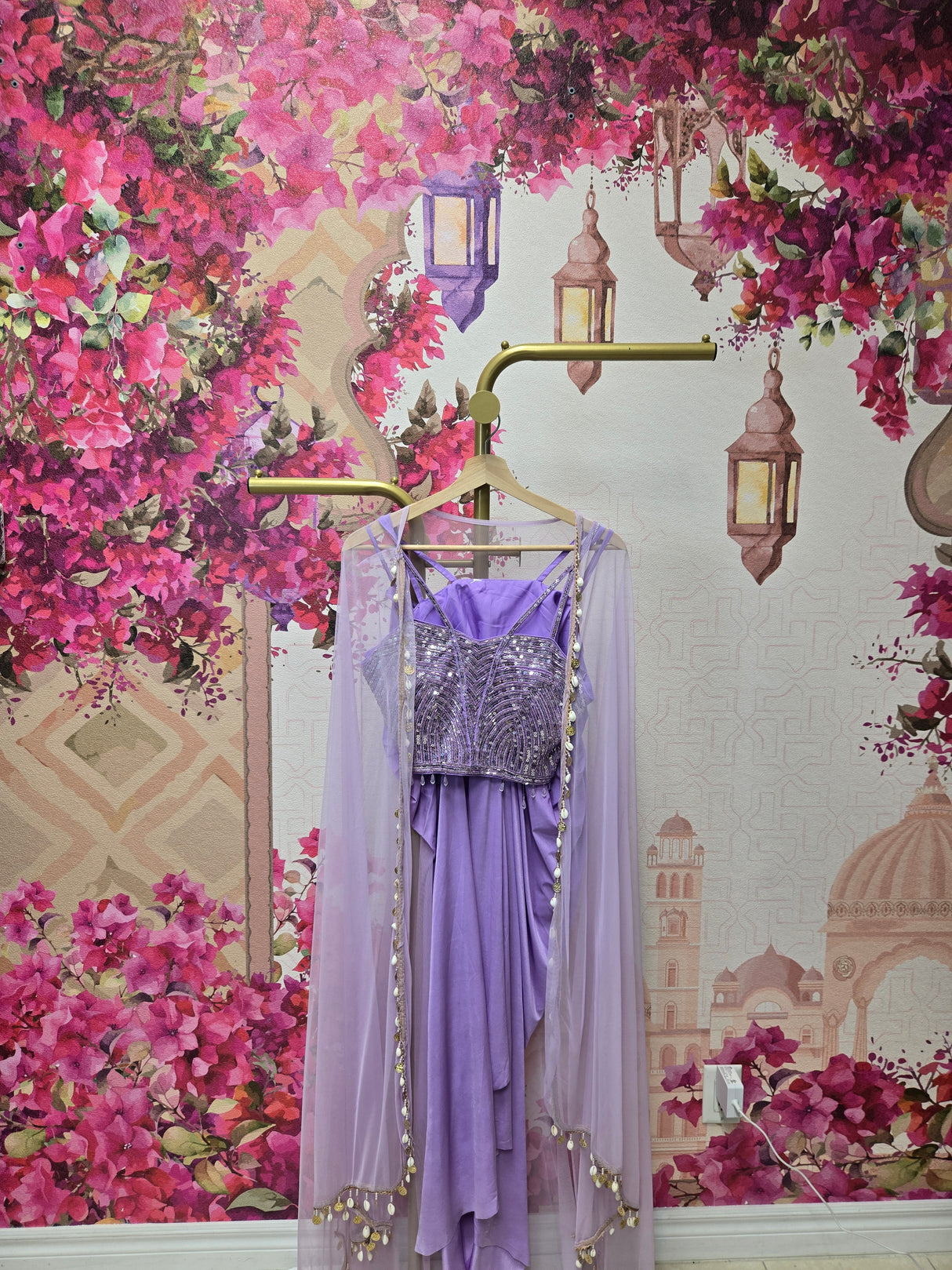 Lilac Draped Cape Set with Sequined Handcrafted Bustier