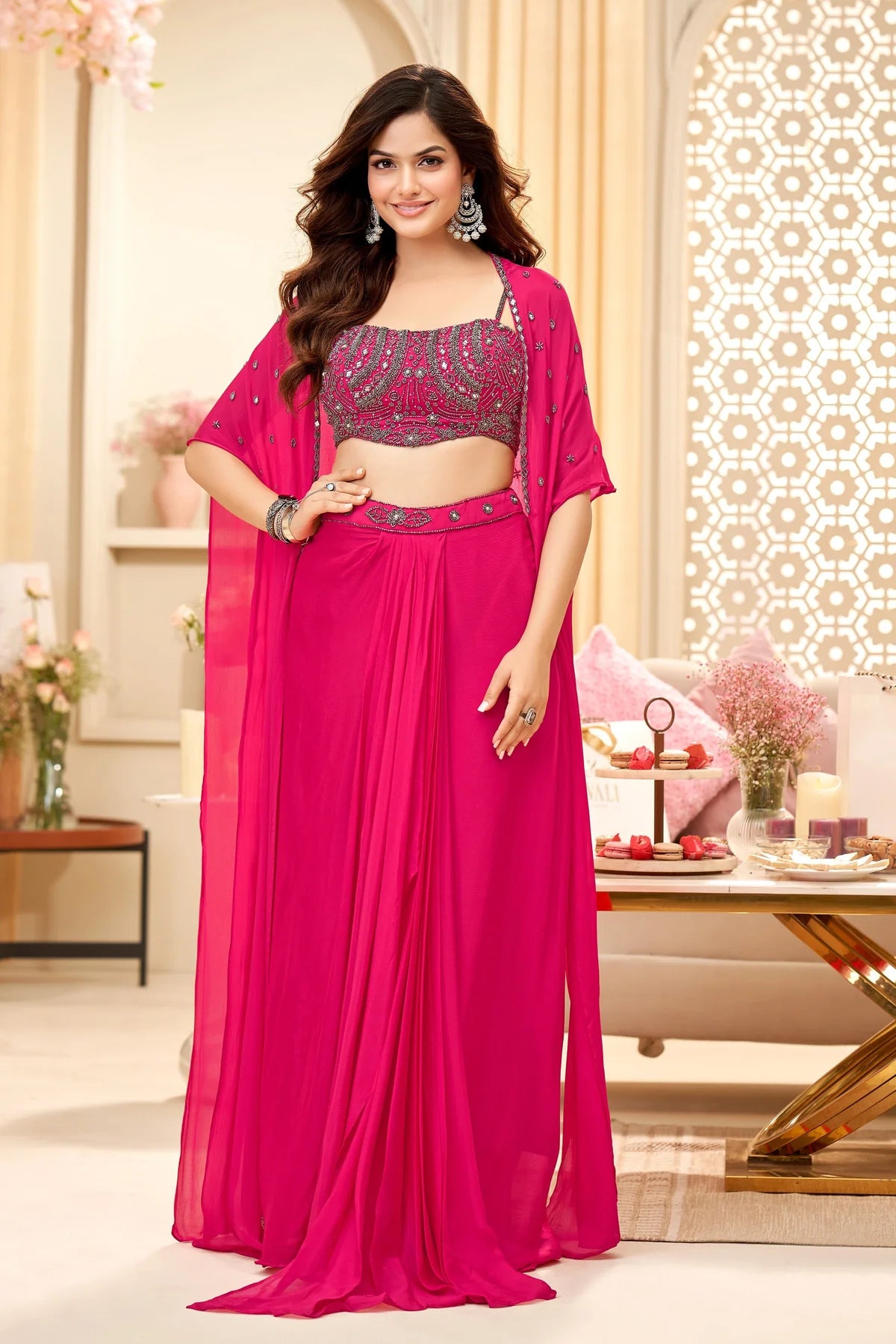 Hot Pink Drape Skirt Set with Handcrafted Crop Blouse