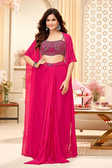 Hot Pink Drape Skirt Set with Handcrafted Crop Blouse