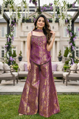 Plum Gold Brocade Sharara Set