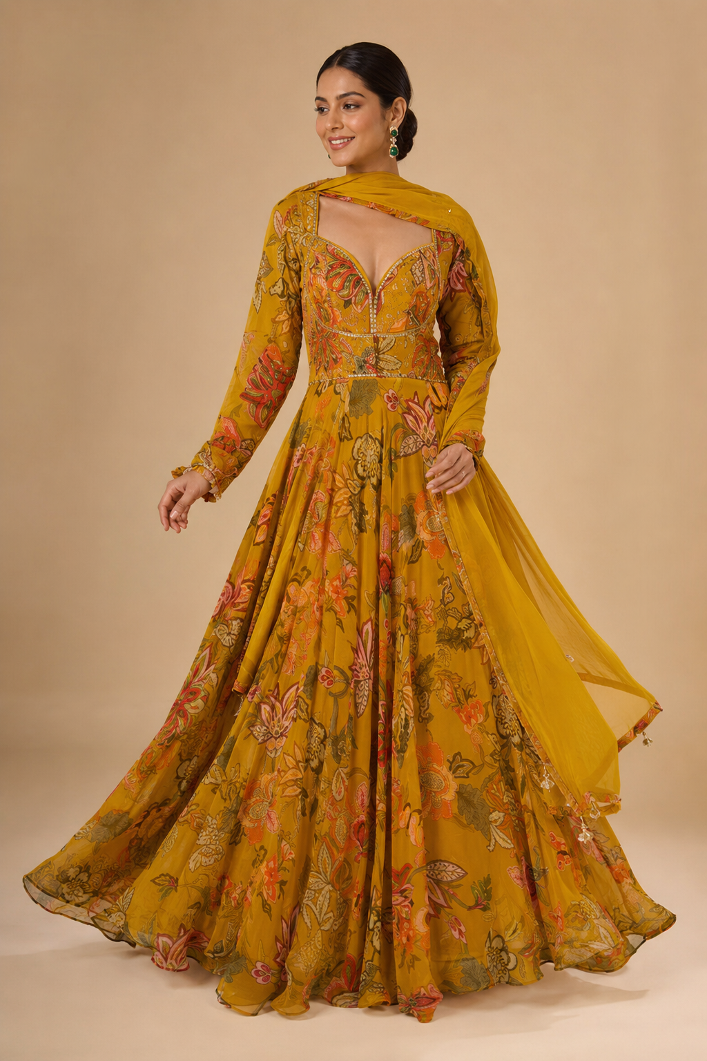 Mustard Bloom Mirror Anarkali Couture Ensemble