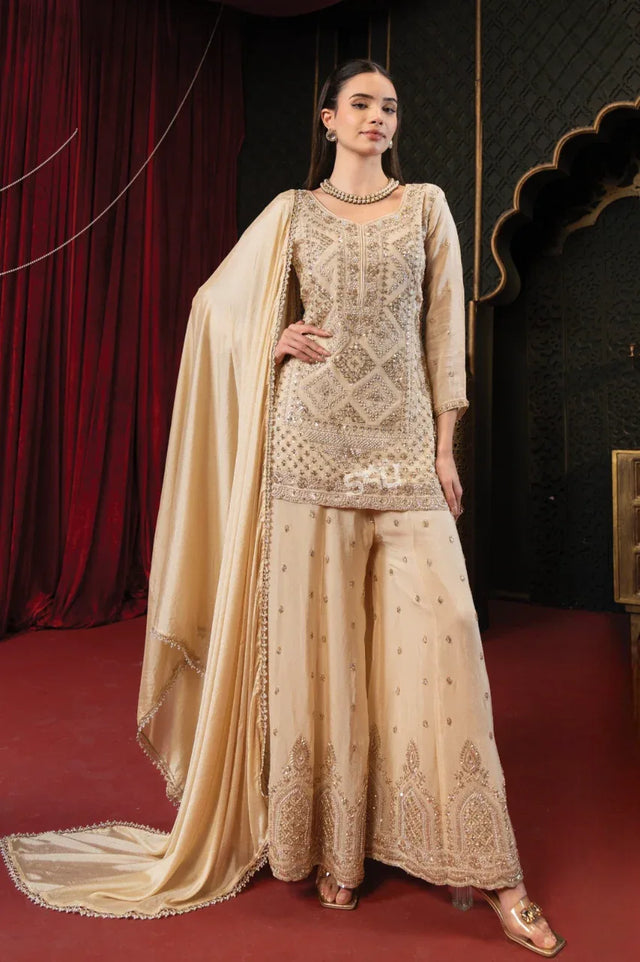 Ivory Embroidered Kurta Palazzo Set - MishUUU
