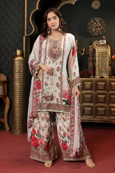 Ivory Floral Printed Luxe Sharara Set