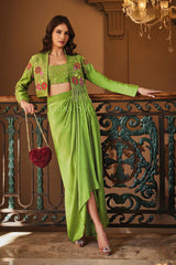 Lime Green Drape Skirt Set with Floral Embroidered Jacket |Label S4U