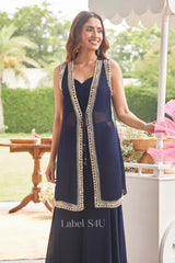 Navy Blue Palazzo Set with Handcrafted Mirror Work Long Jacket – Lightweight Festive & Mehendi Wear |Label S4U
