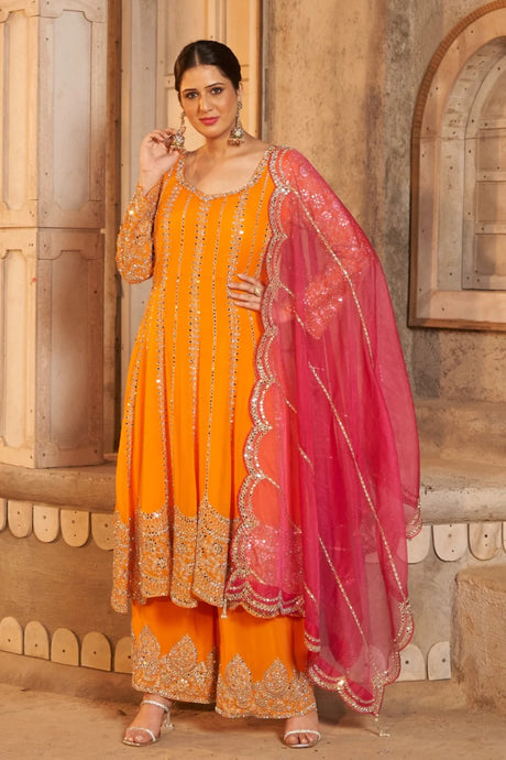 Orange Palazzo Suit with Pink Dupatta & Handcrafted Borders
