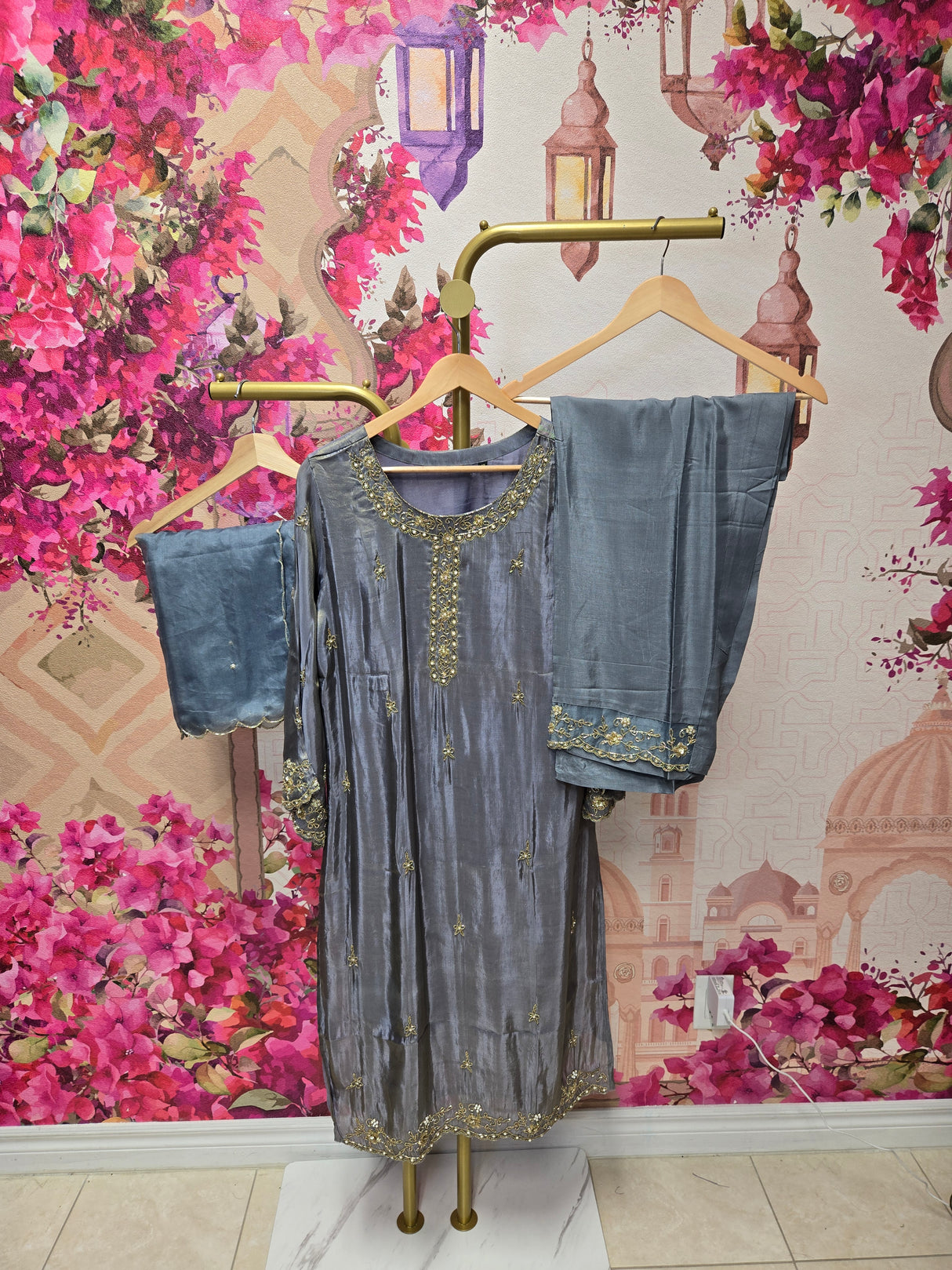 Grey Handcrafted Suit with Gold Accents