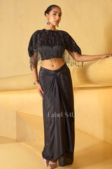 Luxe Black Beaded Fringe Blouse with Satin Drape Skirt | Label S4U
