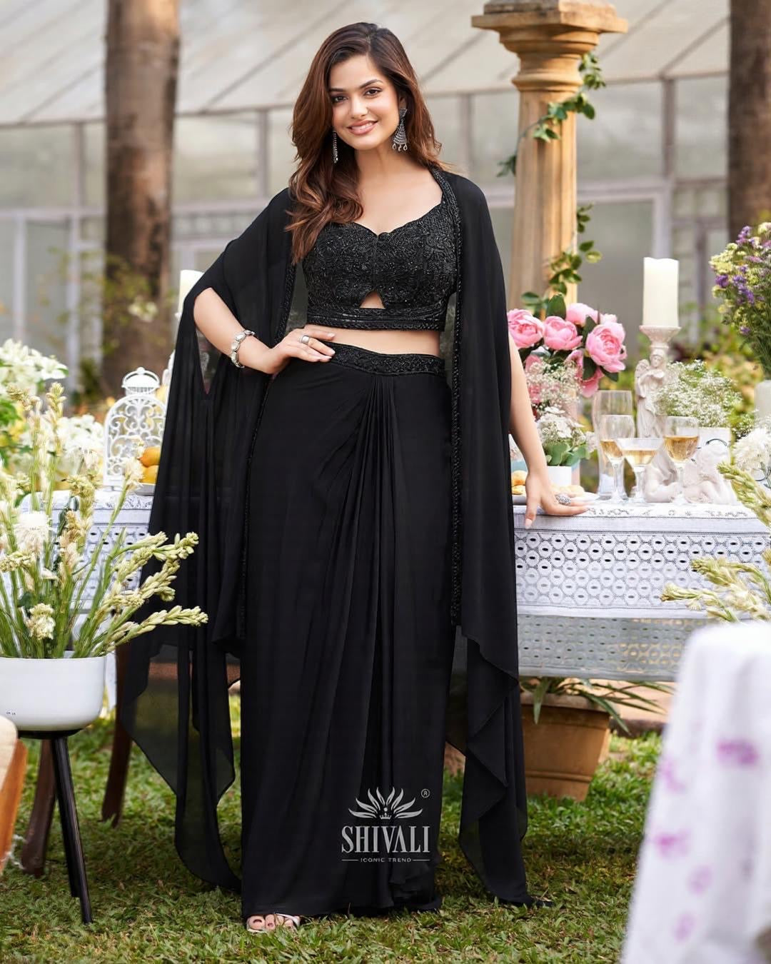 Black Draped Lehenga Set with Handcrafted Crop Blouse