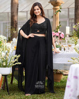 Black Draped Lehenga Set with Handcrafted Crop Blouse