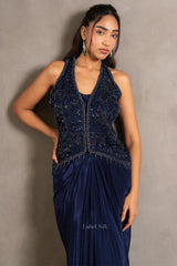 Midnight Navy Embroidered Draped Saree Set