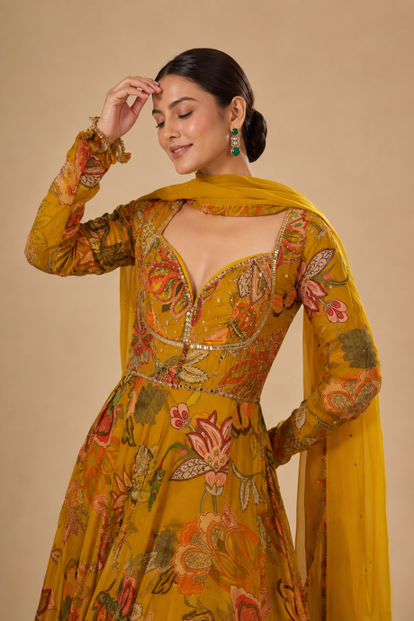 Mustard Bloom Mirror Anarkali Couture Ensemble