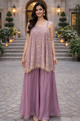 Lilac Gold Embroidered Draped Luxe Set