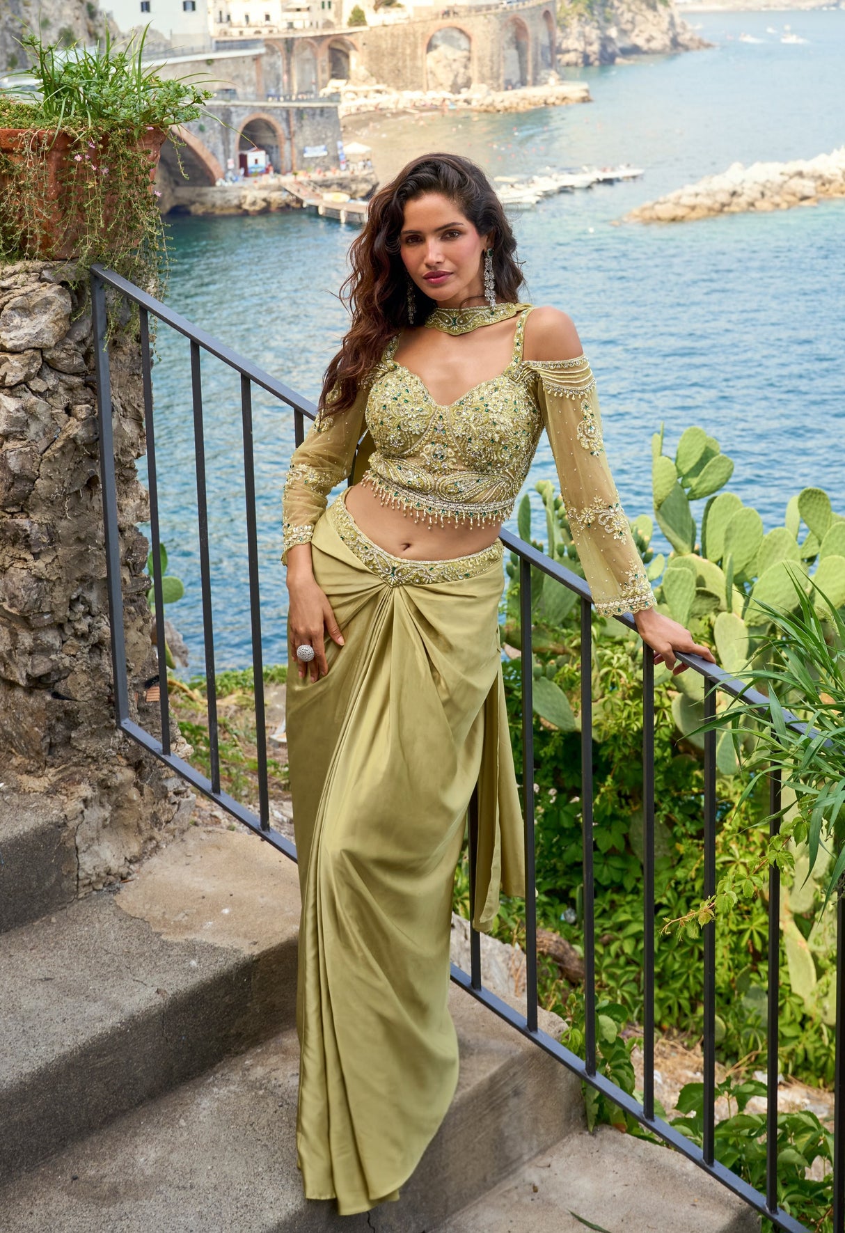 Sage Gold Embellished Draped Saree Set