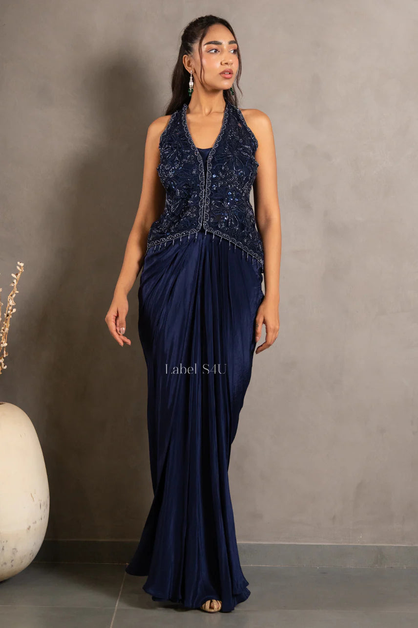 Midnight Navy Embroidered Draped Saree Set