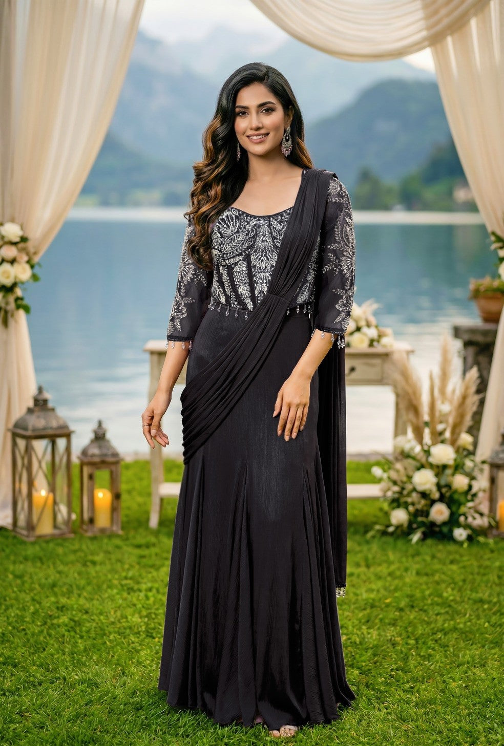 Midnight Silver Draped Saree Gown S