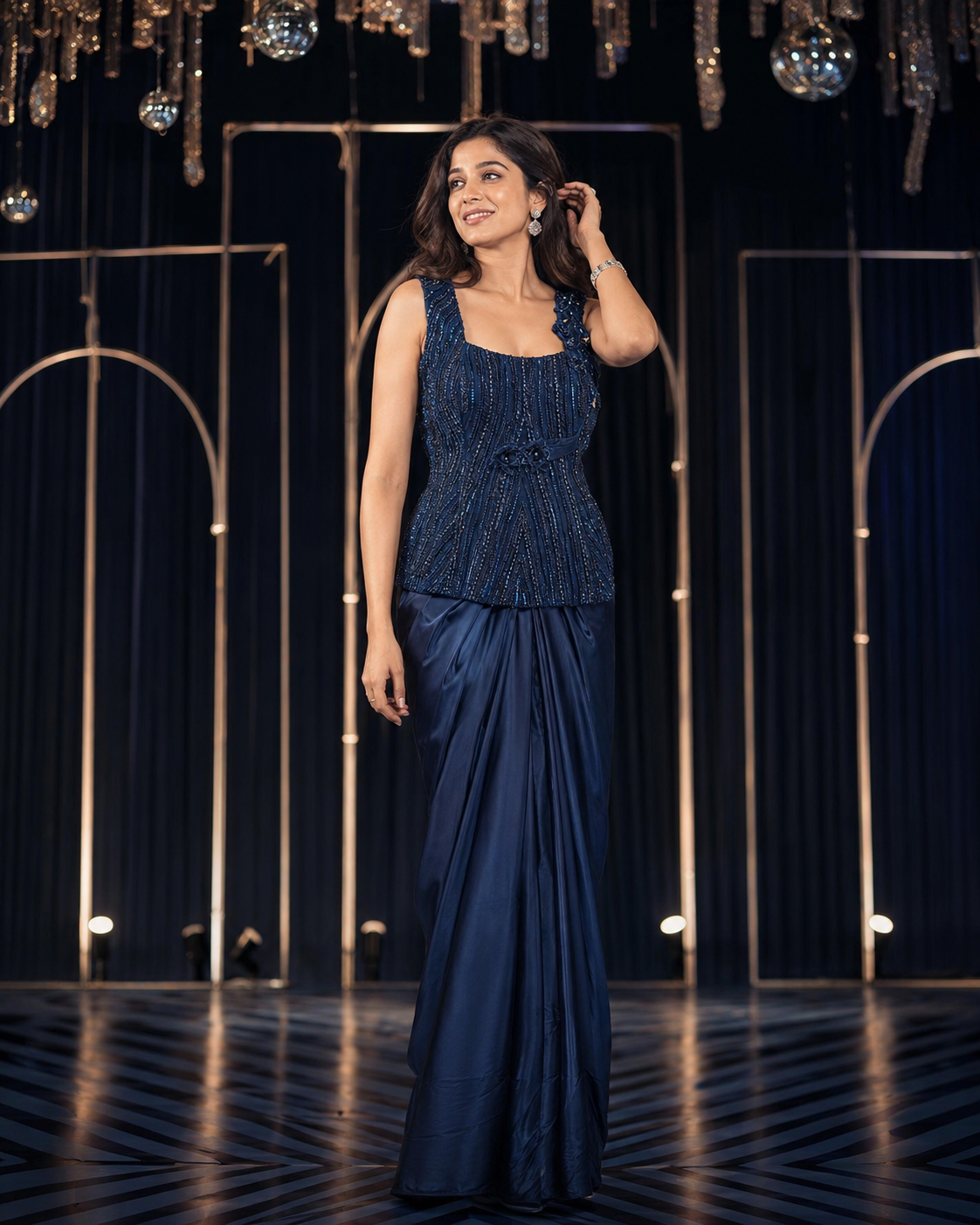 Midnight Blue Beaded Draped Saree Couture Set