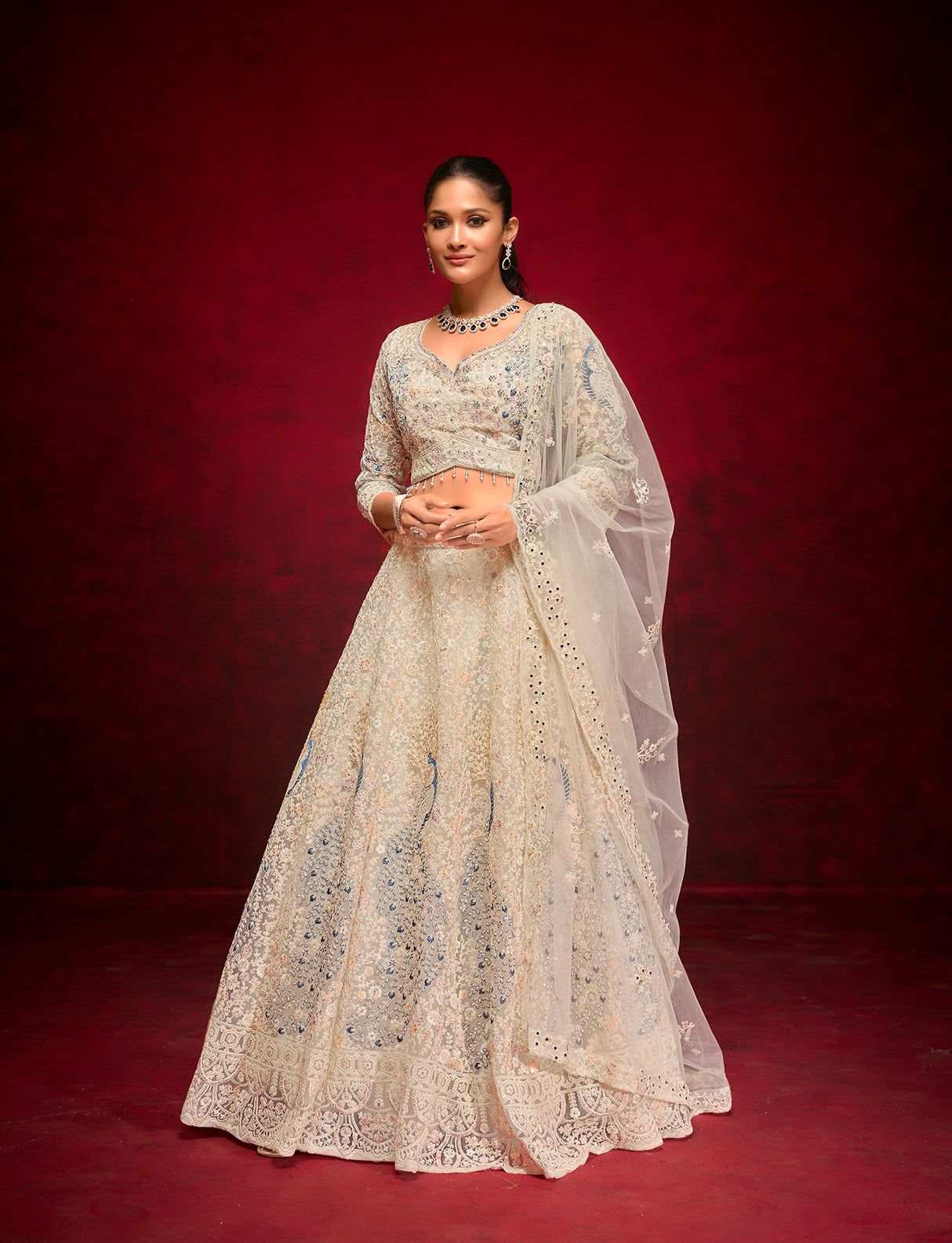 Ivory Handcrafted Lehenga with Sequins & Net Dupatta