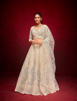 Ivory Handcrafted Lehenga with Sequins & Net Dupatta