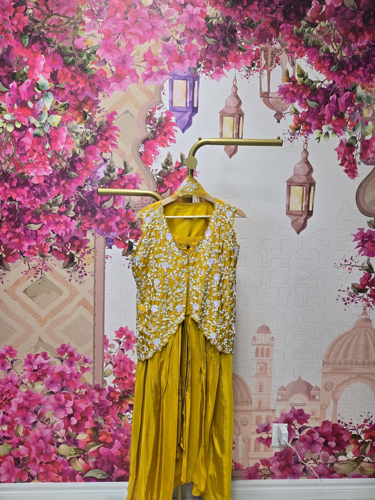 Mustard Yellow Drape Set with White Floral Jacket