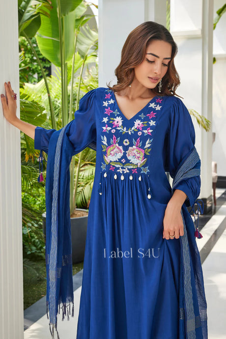 Navy Blue Embroidered Kurta Dupatta Set | Label S4U