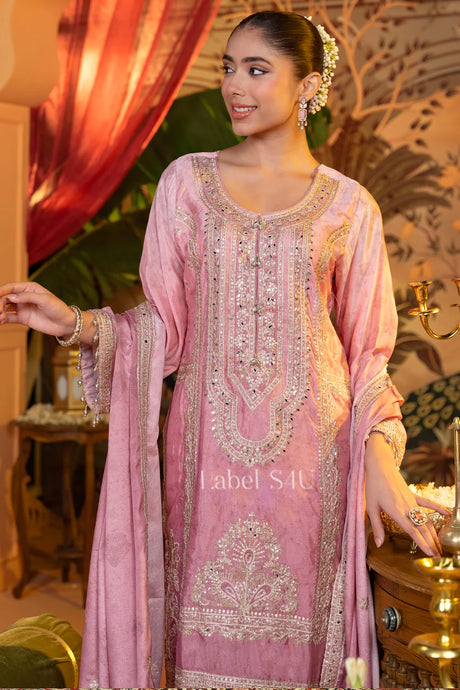 Pink Straight Kurta Palazzo with Dupatta | Label S4U