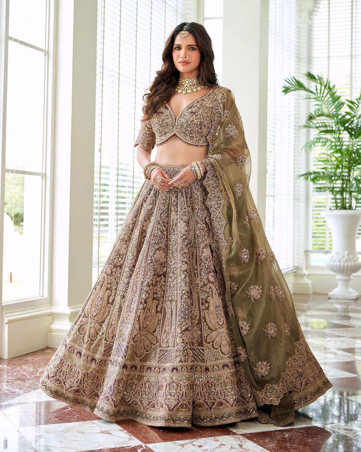 Olive Embellished Bridal Lehenga Set