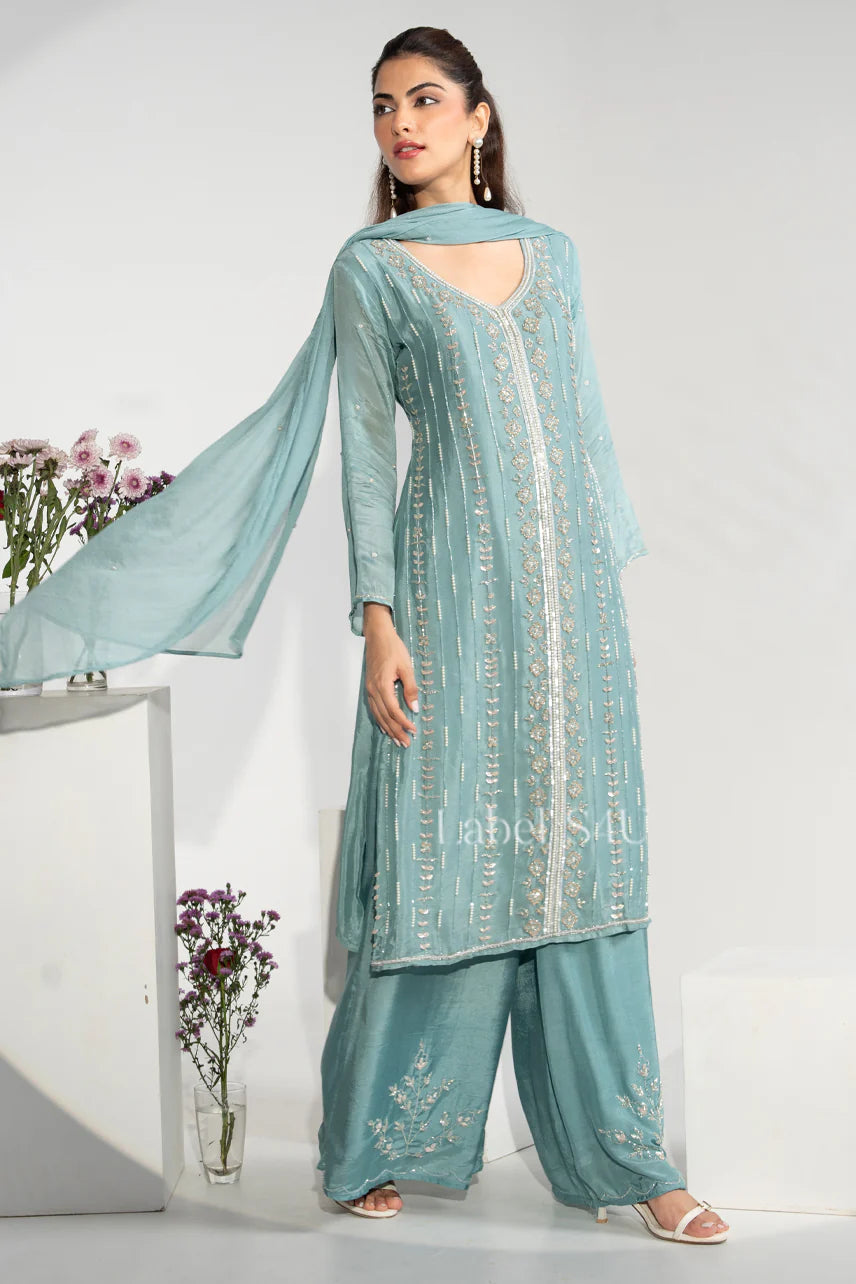 Aqua Blue Embroidered Kurta Set |Label S4U
