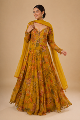 Mustard Bloom Mirror Anarkali Couture Ensemble