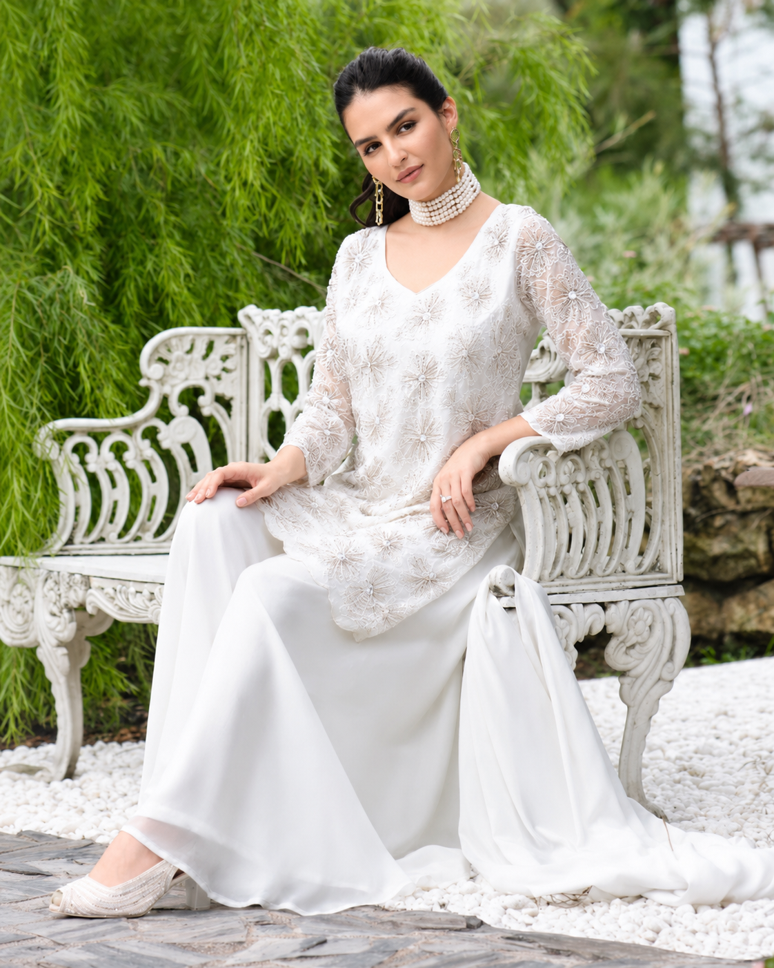Pearl White Embroidered Sharara Set