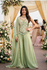 Sage Pearl Embroidered Palazzo Set