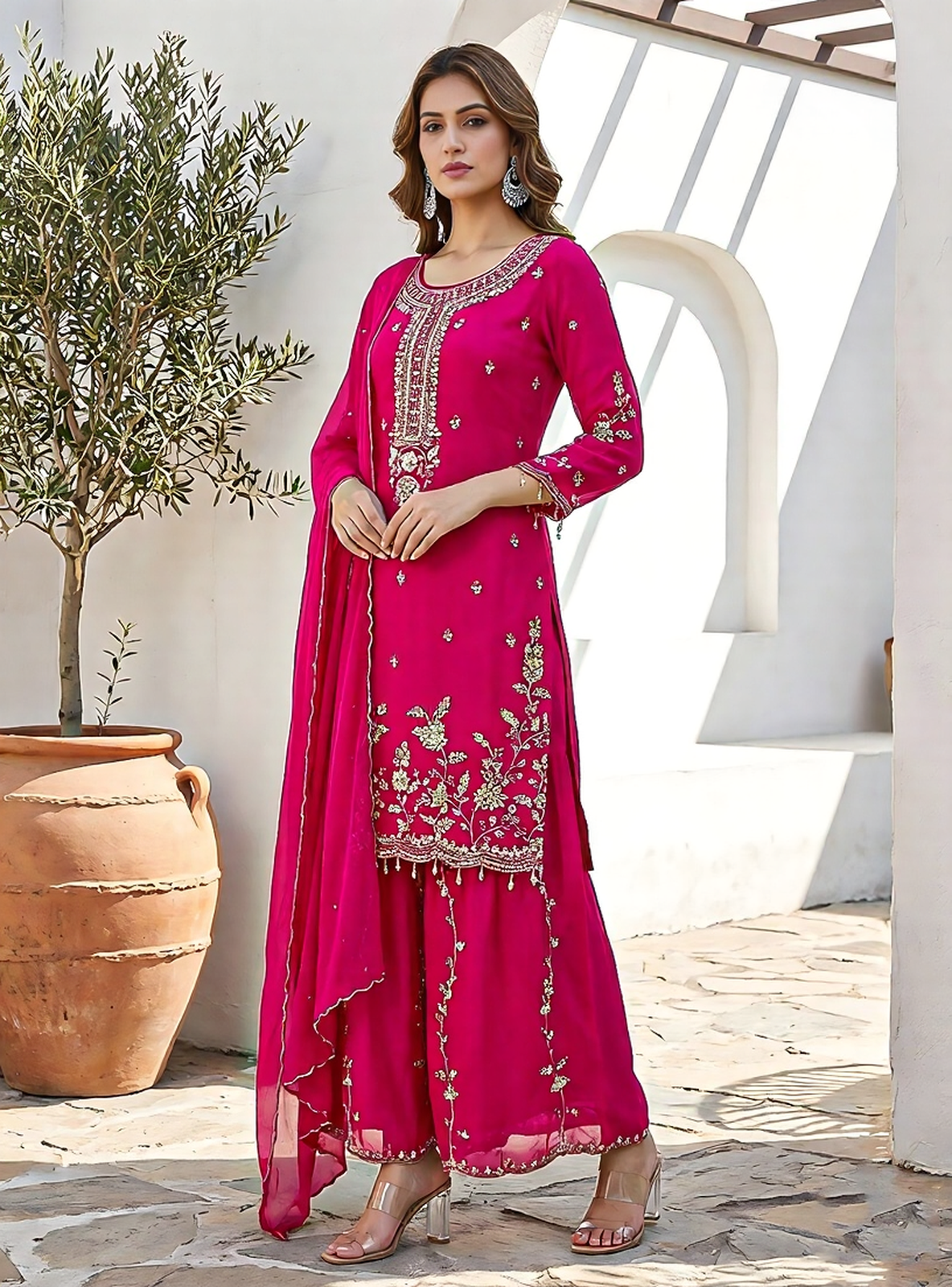 Magenta Embroidered Kurta Palazzo Suit Set