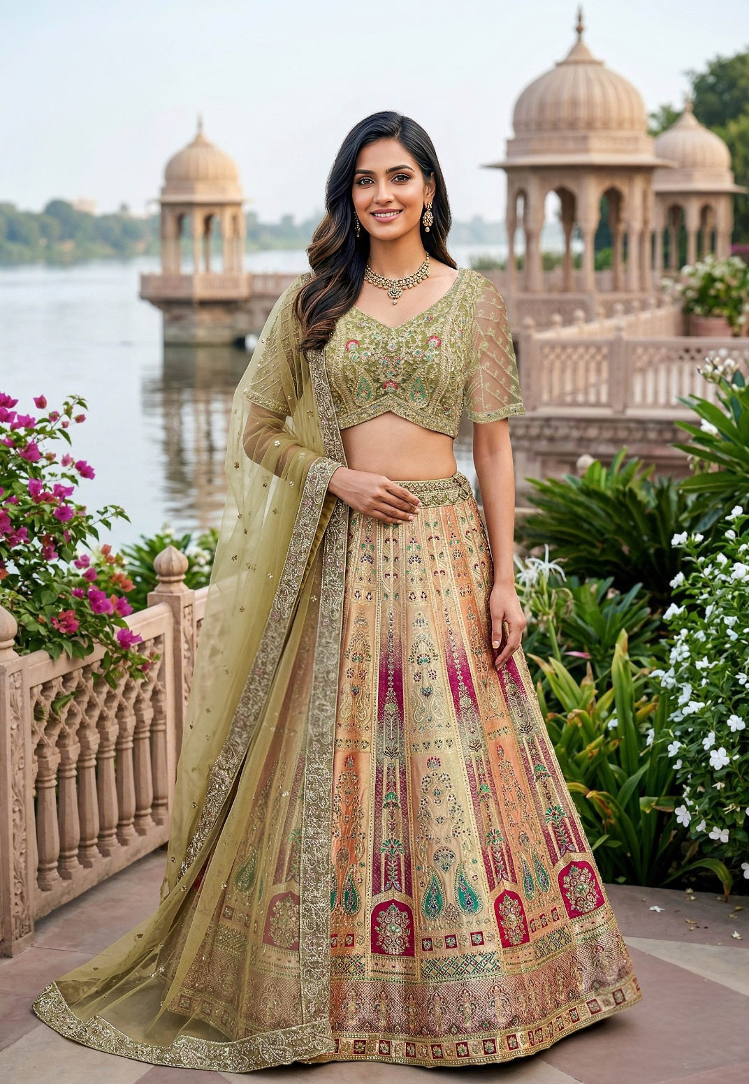 Olive Multicolor Embroidered Lehenga Set