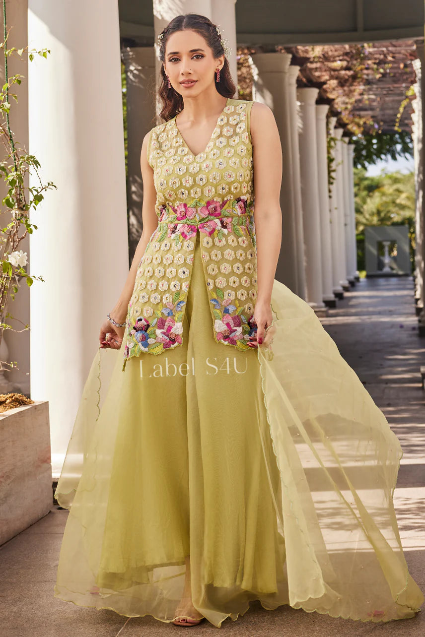 Lemon Green Hand-Crafted Gown with Floral Waistcoat | Label S4U