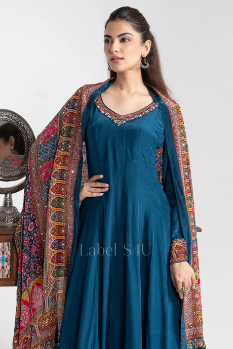 Teal Blue Anarkali with Printed Dupatta