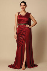 Red Draped Gown with Embellished Belt | Label S4U