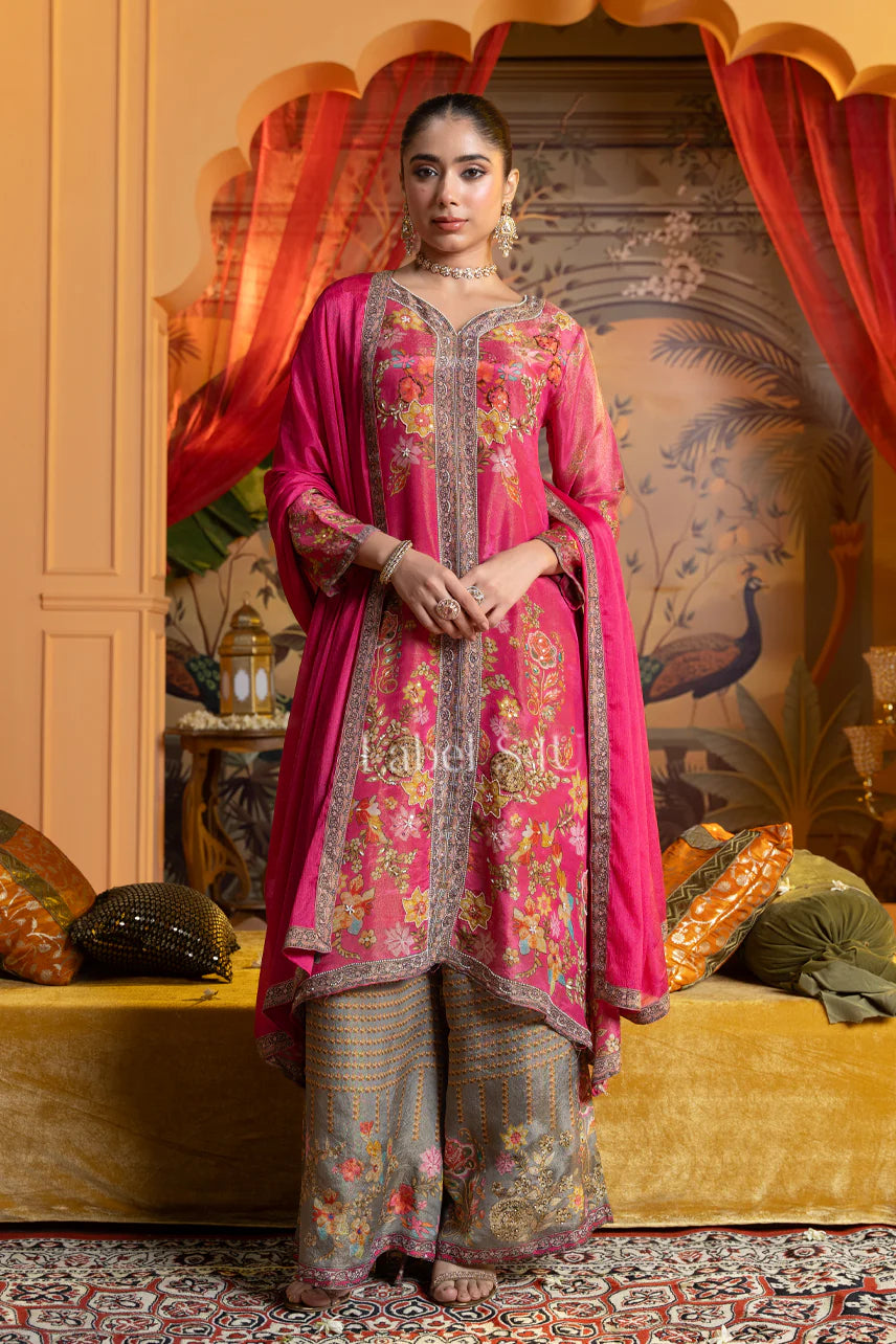 Fuchsia Pink Floral Printed Suit with Grey Palazzo | Label S4U
