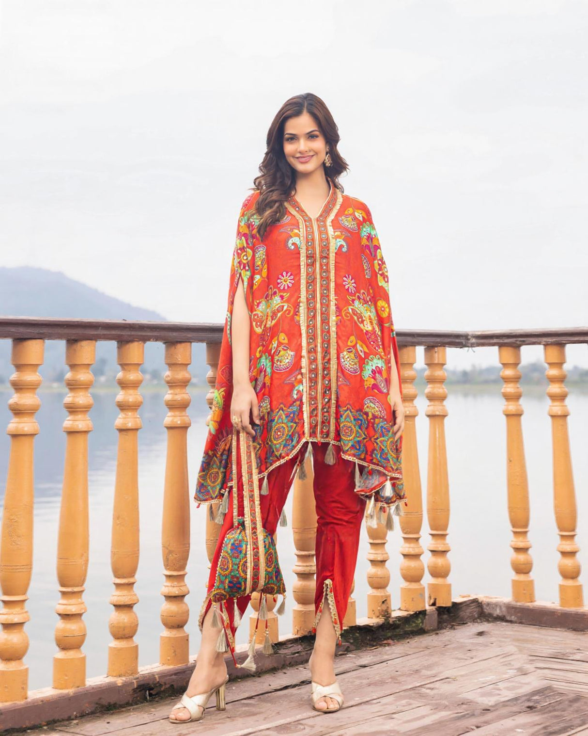 Bright Red Kaftan Kurta Set with Handcrafted Boho Prints