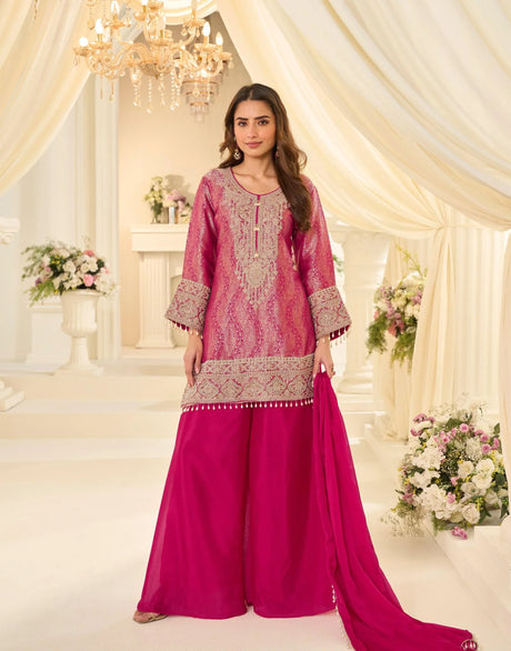 Luxe Fuchsia Gold Embroidered Kurta Palazzo Set - MishUUU
