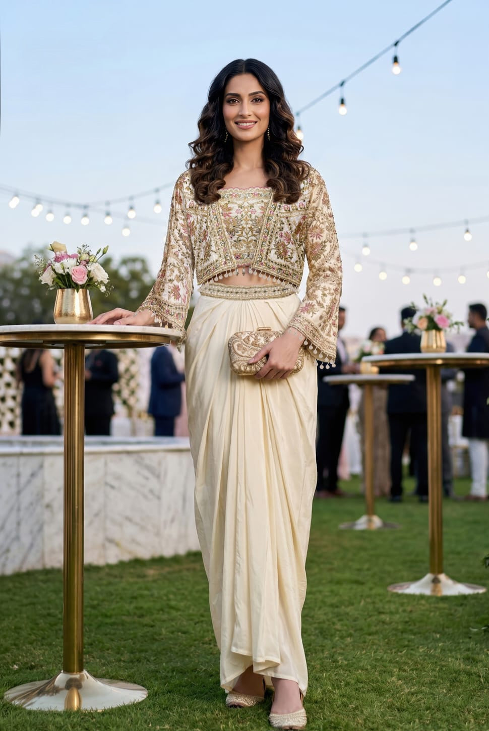 Ivory Embroidered Drape Saree Set