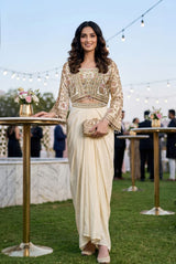 Ivory Embroidered Drape Saree Set