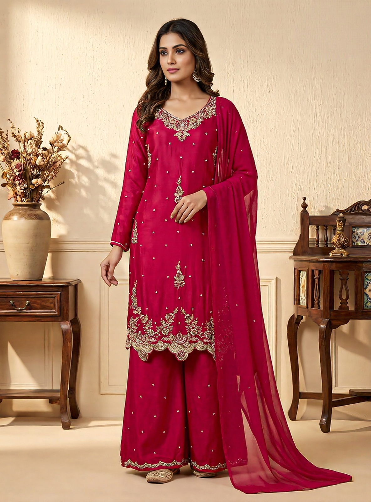 Ruby Pink Embroidered Palazzo Suit Set