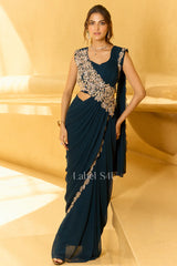 Midnight Blue Handcrafted Drape Saree Gown | Label S4U